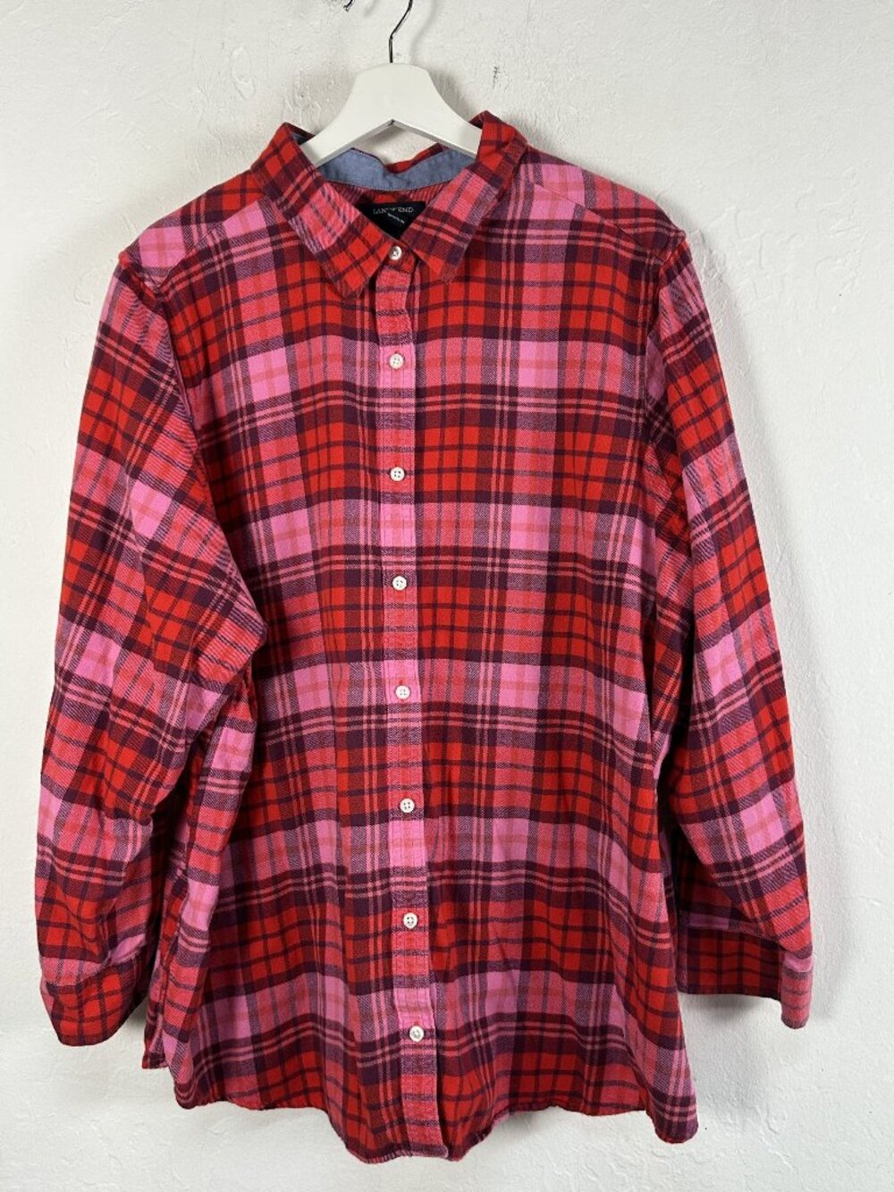 Lands End Womens Red Pink Tartan Plaid Cotton Flannel Button Front Shirt Size 3X